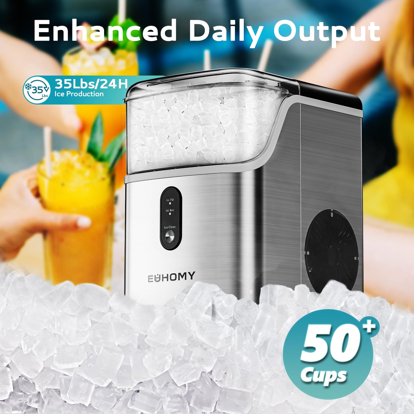 Ice Maker - EUHOMY Nugget Ice Makers Countertop, Pebble Ice Maker Machine with 35lbs/24H Soft Ice, Self-Cleaning Sonic Ice Maker with Ice Scoop&Basket, Pellet Ice Maker for Home/Kitchen/Office(Stainless Steels)