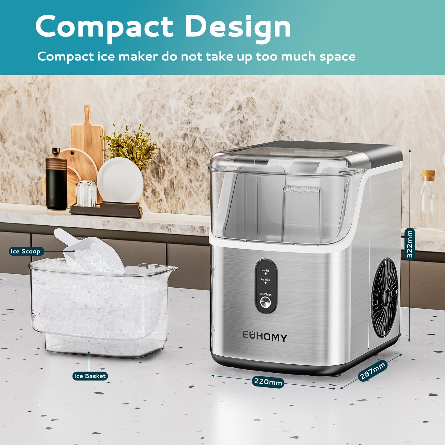 Ice Maker - EUHOMY Nugget Ice Makers Countertop, Pebble Ice Maker Machine with 35lbs/24H Soft Ice, Self-Cleaning Sonic Ice Maker with Ice Scoop&Basket, Pellet Ice Maker for Home/Kitchen/Office(Stainless Steels)