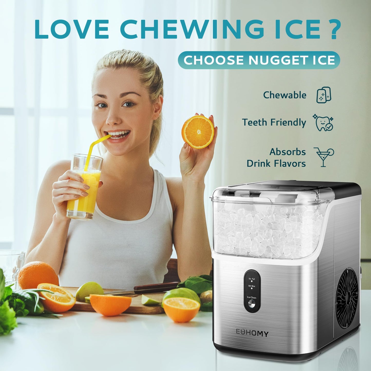 Ice Maker - EUHOMY Nugget Ice Makers Countertop, Pebble Ice Maker Machine with 35lbs/24H Soft Ice, Self-Cleaning Sonic Ice Maker with Ice Scoop&Basket, Pellet Ice Maker for Home/Kitchen/Office(Stainless Steels)