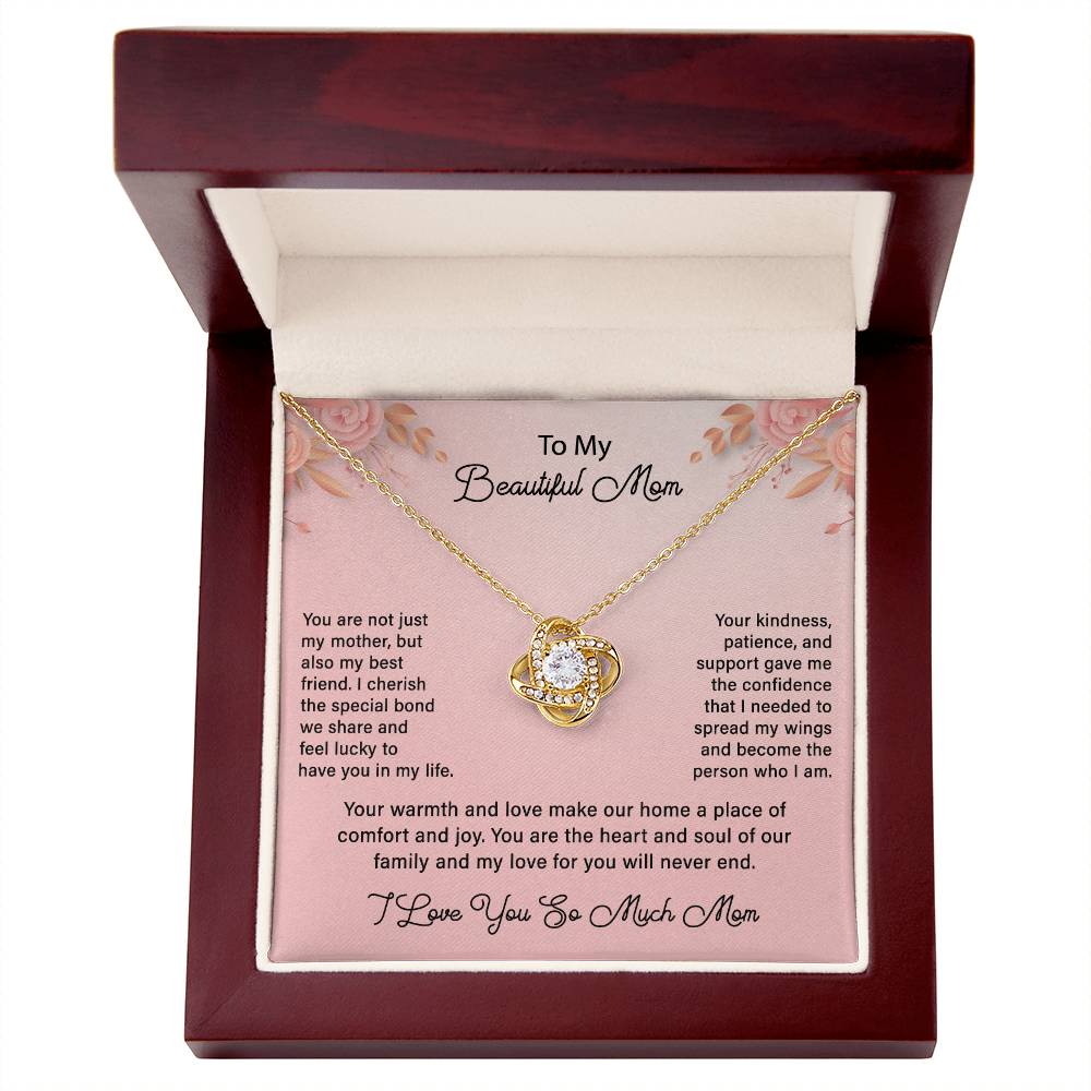 To My Beautiful Mom - Pretty Pink Background - Love Knott Necklace