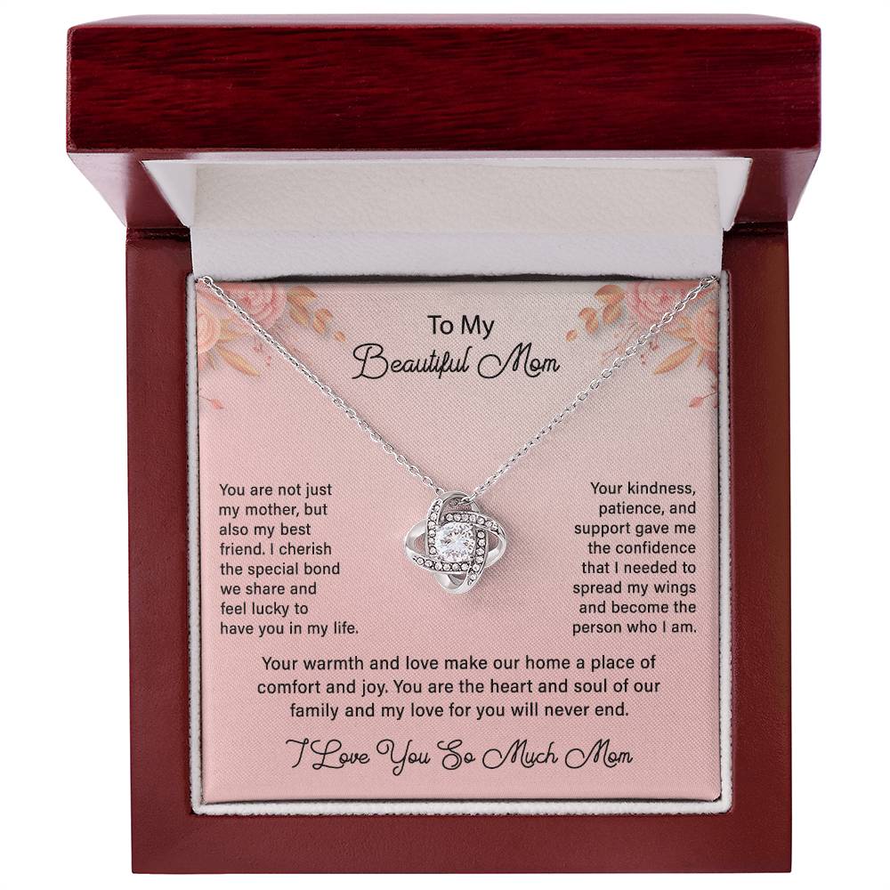 To My Beautiful Mom - Pretty Pink Background - Love Knott Necklace